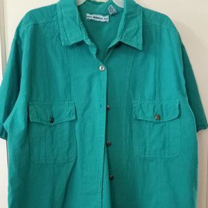Vintage Forelli 100% cotton green button front short sleeve blouse size 18/20